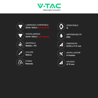 Portafaretto GU10 e GU5.3 (MR16) Bianco Orientabile V-Tac VT-429