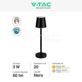 VT-7703 Lampada LED da Tavolo 3W Touch Dimmerabile Nera V-Tac