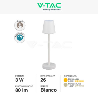 VT-7703 Lampada LED da Tavolo 3W Touch Dimmerabile Bianca V-Tac