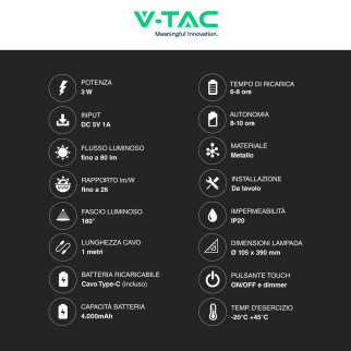 VT-7703 Lampada LED da Tavolo 3W Touch Dimmerabile Bianca V-Tac