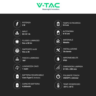 VT-7703 Lampada LED da Tavolo 3W Touch Dimmerabile  V-Tac