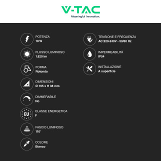 VT-8096 Plafoniera LED 18W Rotonda SMD IP54 Bianca V-Tac