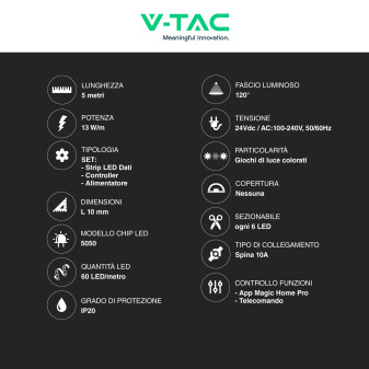 VT-5050 Striscia LED Flessibile Smart RGB con Telecomando 65W V-Tac