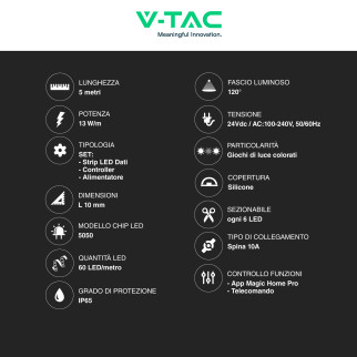 VT-5050-60 Striscia LED Flessibile Smart RGB con Telecomando 65W V-Tac