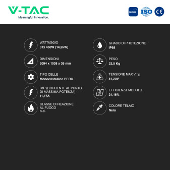 31 Pannelli Solari Fotovoltaici 460W IP68 144 Celle Telaio Nero V-Tac
