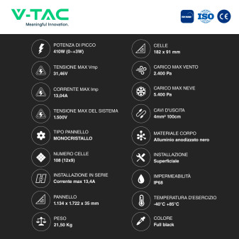 VT-410 31 Pannelli Solari Fotovoltaici 410W IP68 Neri V-Tac