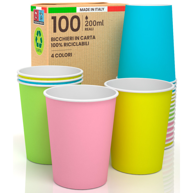 100 Bicchieri in Carta Riciclabile Verde Rosa Azzurro e Giallo 200ml