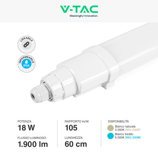 VT-80060 Tubo LED 18W 60cm Plafoniera Lineare Linkabile IP65 V-Tac