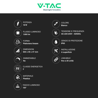 VT-80060 Tubo LED 18W 60cm Plafoniera Lineare Linkabile IP65 V-Tac