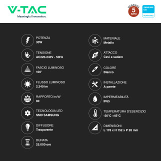 VT-30 Faro LED SMD 30W IP65 Chip Samsung Bianco V-Tac