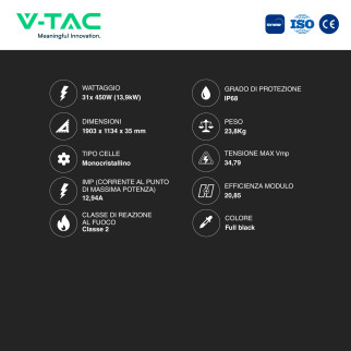 31 Pannelli Solari Fotovoltaici 450W IP68 120 Celle V-Tac