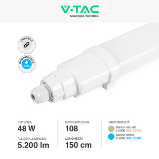 VT-80150 Tubo LED 48W 150cm Plafoniera Lineare Linkabile IP65 V-Tac