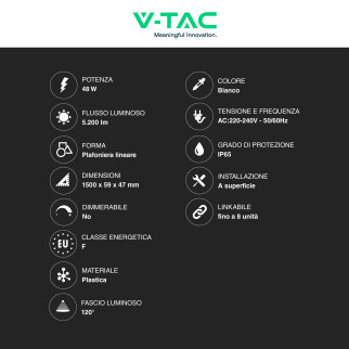 VT-80150 Tubo LED 48W 150cm Plafoniera Lineare Linkabile IP65 V-Tac