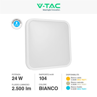 VT-8624 Plafoniera LED Quadrata 24W SMD IP44 Colore Bianco V-Tac