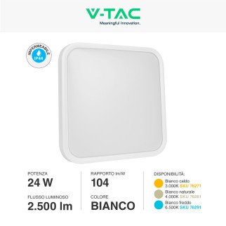 VT-8624 Plafoniera LED Quadrata 24W SMD IP44 Colore Bianco V-Tac