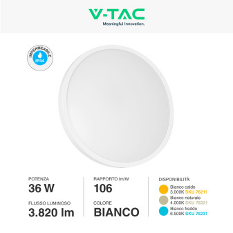 VT-8630 Plafoniera LED Rotonda 36W SMD IP44 Colore Bianco V-Tac