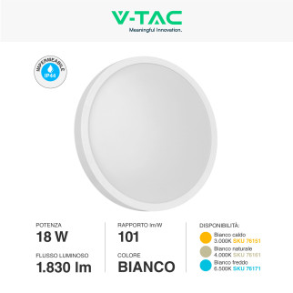 VT-8618 Plafoniera LED Rotonda 18W SMD IP44 Colore Bianco V-Tac