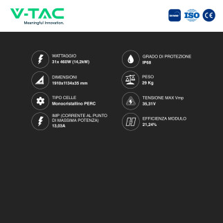 31 Pannelli Solari Fotovoltaici 460W IP68 120 Celle V-Tac