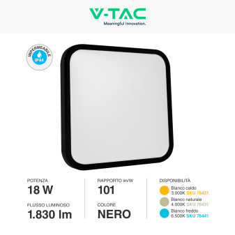 VT-8618 Plafoniera LED Quadrata 18W SMD IP44 Colore Nero V-Tac