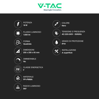 VT-8618 Plafoniera LED Quadrata 18W SMD IP44 Colore Nero V-Tac