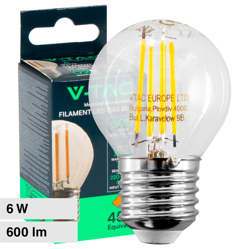 VT-2366 Lampadina LED E27 6W Miniglobo Filament Trasparente V-Tac