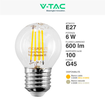 VT-2366 Lampadina LED E27 6W Miniglobo Filament Trasparente V-Tac