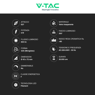 VT-2366 Lampadina LED E27 6W Miniglobo Filament Trasparente V-Tac