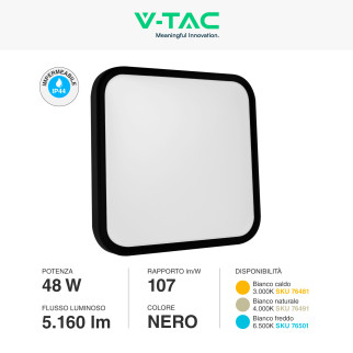 V-Tac VT-8630 Plafoniera LED Quadrata 48W SMD IP44 Colore Nero
