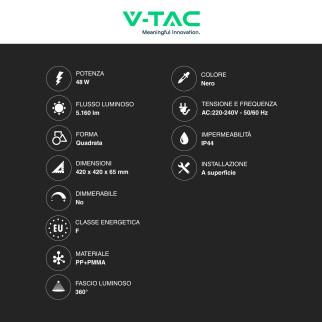 V-Tac VT-8630 Plafoniera LED Quadrata 48W SMD IP44 Colore Nero