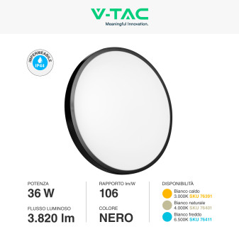 VT-8630 Plafoniera LED Rotonda 36W SMD IP44 Colore Nero V-Tac