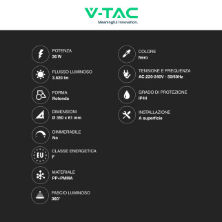 VT-8630 Plafoniera LED Rotonda 36W SMD IP44 Colore Nero V-Tac