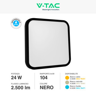 VT-8624 Plafoniera LED Quadrata 24W SMD IP44 Colore Nero V-Tac