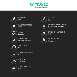 VT-8624 Plafoniera LED Quadrata 24W SMD IP44 Colore Nero V-Tac