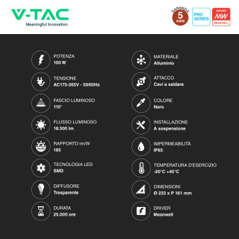 VT-9119 Lampada Industriale LED 100W SMD Mean Well V-Tac Pro