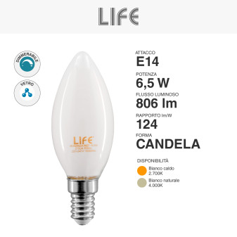 Lampadina LED E14 Filament 6,5W Candle C35 Candela Life