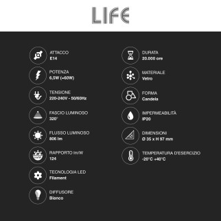 Lampadina LED E14 Filament 6,5W Candle C35 Candela Life
