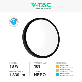 VT-8618 Plafoniera LED Rotonda 18W SMD IP44 Colore Nero V-Tac