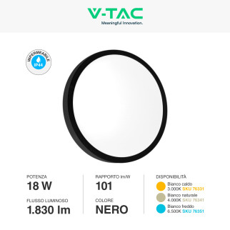 VT-8618 Plafoniera LED Rotonda 18W SMD IP44 Colore Nero V-Tac