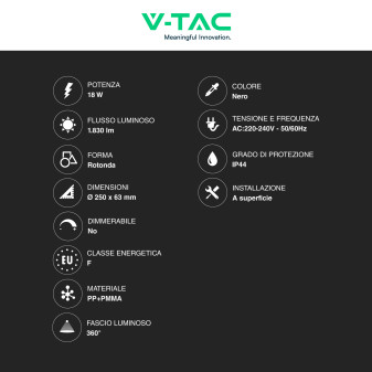 VT-8618 Plafoniera LED Rotonda 18W SMD IP44 Colore Nero V-Tac