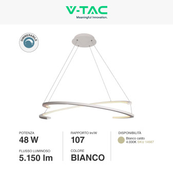 V-Tac VT-7908 Lampadario LED a Sospensione 48W SMD Dimmerabile Bianco