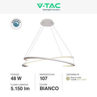 V-Tac VT-7908 Lampadario LED a Sospensione 48W SMD Dimmerabile Bianco