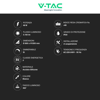 V-Tac VT-7908 Lampadario LED a Sospensione 48W SMD Dimmerabile Bianco