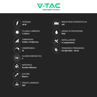 V-Tac VT-7908 Lampadario LED a Sospensione 48W SMD Dimmerabile Bianco