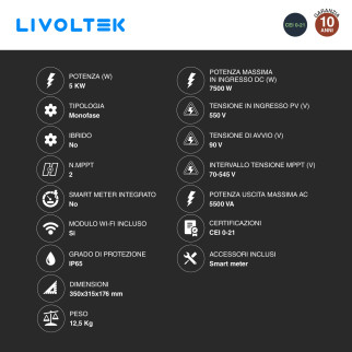 Livoltek Inverter Monofase On-Grid 5kW IP65 CEI 0-21
