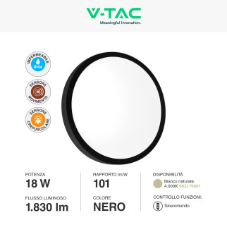 VT-8618S Plafoniera LED Rotonda 18W SMD IP44 Colore Nero V-Tac