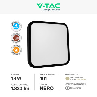 VT-8618S Plafoniera LED Quadrata 18W SMD IP44 Colore Nero V-Tac