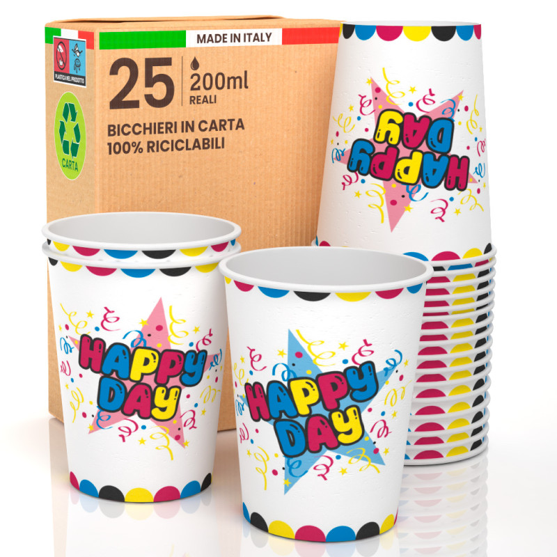 25 Bicchieri in Carta Biodegradabile Fantasia Happy Day da 200ml