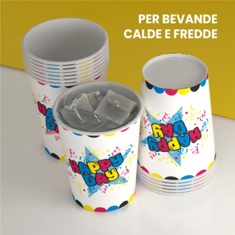 25 Bicchieri in Carta Biodegradabile Fantasia Happy Day da 200ml