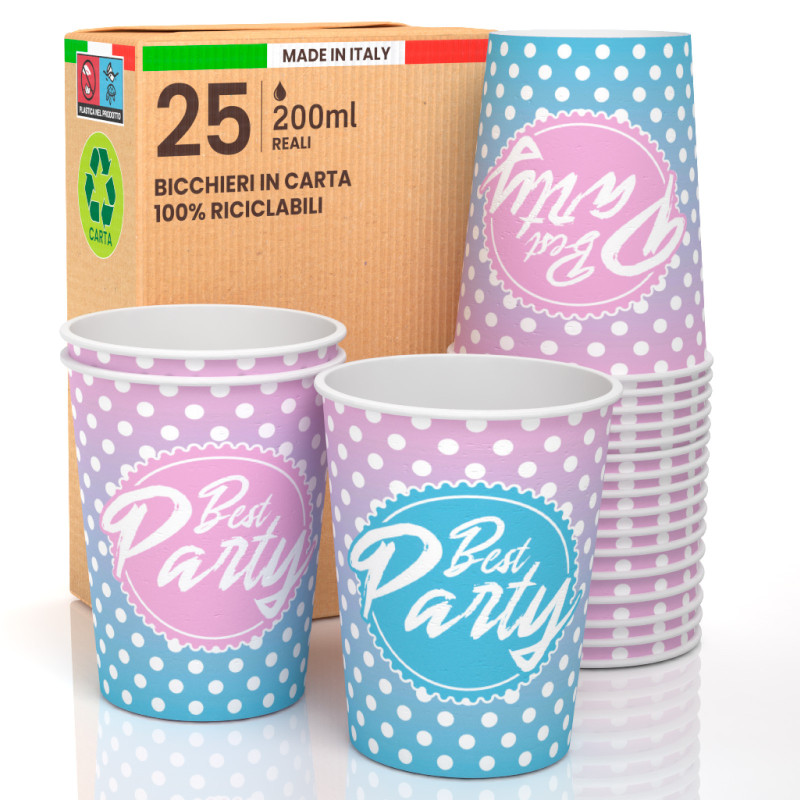 25 Bicchieri in Carta Biodegradabile Fantasia Best Party da 200ml