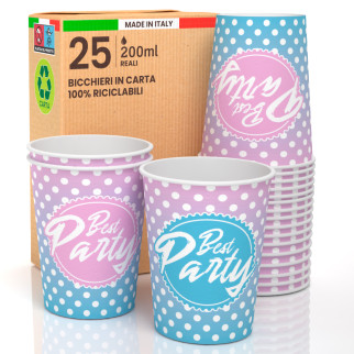 25 Bicchieri in Carta Biodegradabile Fantasia Best Party da 200ml